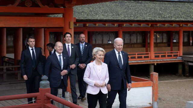 Joe Biden, Emmanuel Macron, Justin Trudeau, Olaf Scholz, Ursula von der Leyen et Charles Michel au sommet du G7, le 19 mai 2023. Crédit Photo: JACQUES WITT / POOL / AFP
