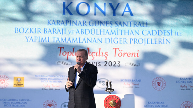 Le président turc et candidat à la présidence de l'Alliance populaire, Recep Tayyip Erdogan, prononce un discours à Konya, le 02 Mai 2023. Crédit Photo: AA