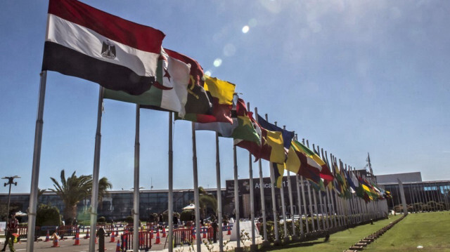 Les drapeaux des nations africaines flottent à l'entrée du Forum Afrique. Crédit Photo: KHALED DESOUKI / AFP