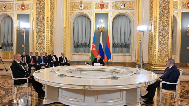 Russian President Vladimir Putin, Azerbaijani President Ilham Aliyev and Armenian Prime Minister Nikol Pashinyan hold tripartite meeting following the Eurasian Economic Union Leaders' Summit in Moscow, Russia on May 25, 2023.