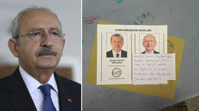Sandık başına giden bir vatandaş, oy pusulasının üzerine yazdığı "terör örgütleri ile işbirliği yaptın" yazılı notla Kılıçdaroğlu'na tepki gösterdi.