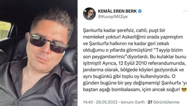 Kemal Eren Berk isimli provokatör, Şanlıurfa'yı bombalamak istediğini söyleyerek skandal bir paylaşıma imza attı. 