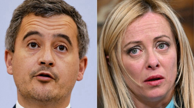Le ministre français de l'Intérieur et de l'Outre-mer, Gerald Darmanin et la Première ministre italienne, Giorgia Meloni. Crédit photo: ANDREAS SOLARO, LUDOVIC MARIN / AFP