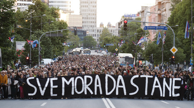 Thousands march during an anti-violent protest after mass shootings killed at least 17 people in Novi Sad, Serbia, 08 May 2023.