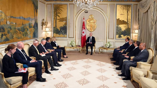 Le Président tunisien, Kaïs Saïd, accueille la ministre allemande de l'Intérieur, Nancy Faeser et son homologue français, Gérald Darmanin, au palais présidentiel de Carthage, près de la capitale, Tunis. Crédit Photo: @TnPresidency - Tunisian Presidency / Twitter