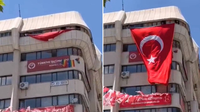 Bir grup genç, TİP İl Örgütü'nün astığı LGBT paçavralarını Türk bayrağı ile kapattı. 