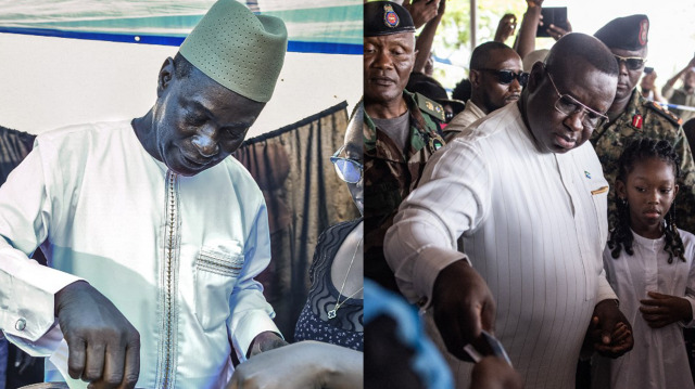 Le Président sierra-léonais sortant, Julius Maada Bio et le principal leader de l'opposition, Samura Kamara. Crédit photo: JOHN WESSELS / SAIDU BAH / AFP