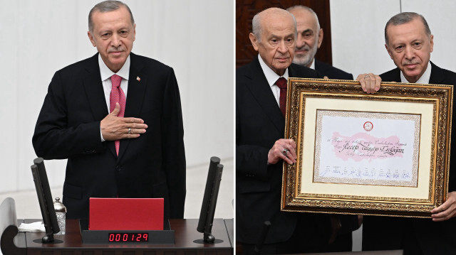 Cumhurbaşkanı Erdoğan'ın TBMM'de yemin etmesiyle yeni dönem resmen başladı. Erdoğan mazbatasını Devlet Bahçeli'nin elinden aldı.