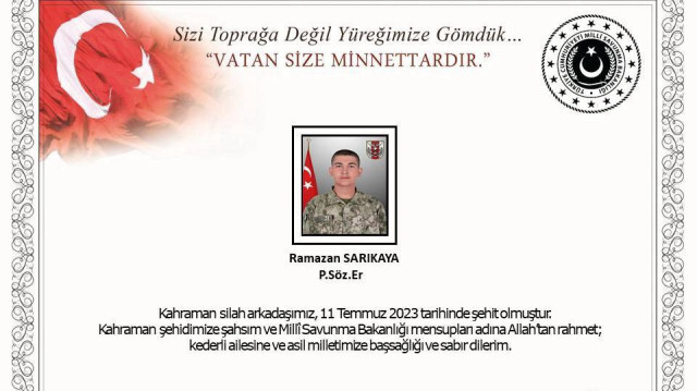 Milli Savunma Bakanlığı başsağlığı yayınladı.