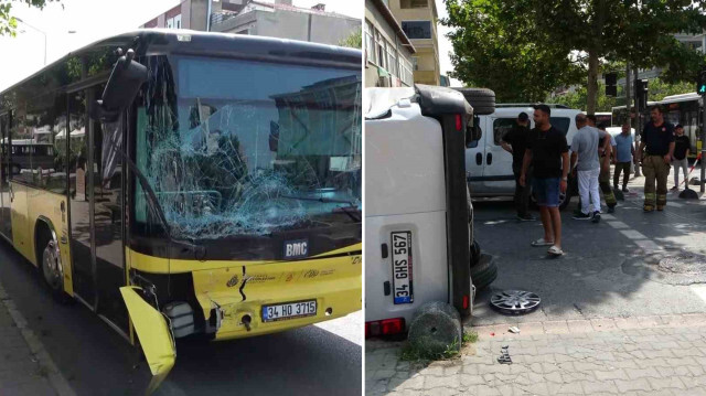 Kırmızı ışıkta geçtiği iddia edilen İETT otobüsü hafif ticari araca çarptı.