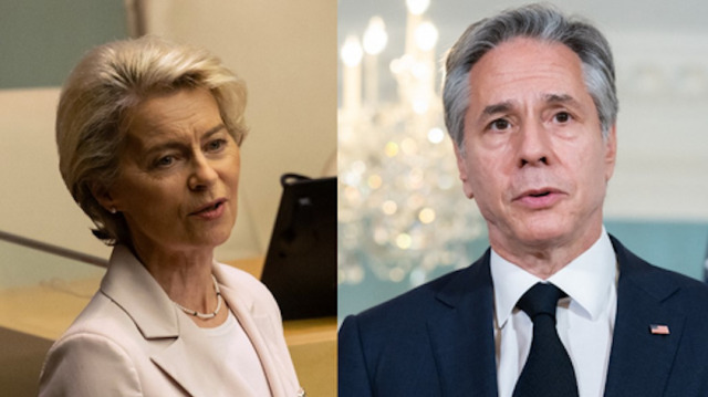 La présidente de la Commission européenne, Ursula von der Leyen et le secrétaire d'État des États-Unis, Antony Blinken. Crédit photo: YUKI IWAMURA / AFP / SAUL LOEB / AFP
