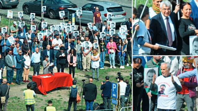 Adem Uzun et Zübeyir Aydar, deux des chefs de file de l'organisation terroriste PKK en Europe, présents lors de la manifestation tenue devant le Parlement européen à Bruxelles. Crédit photo: Yeni Şafak
