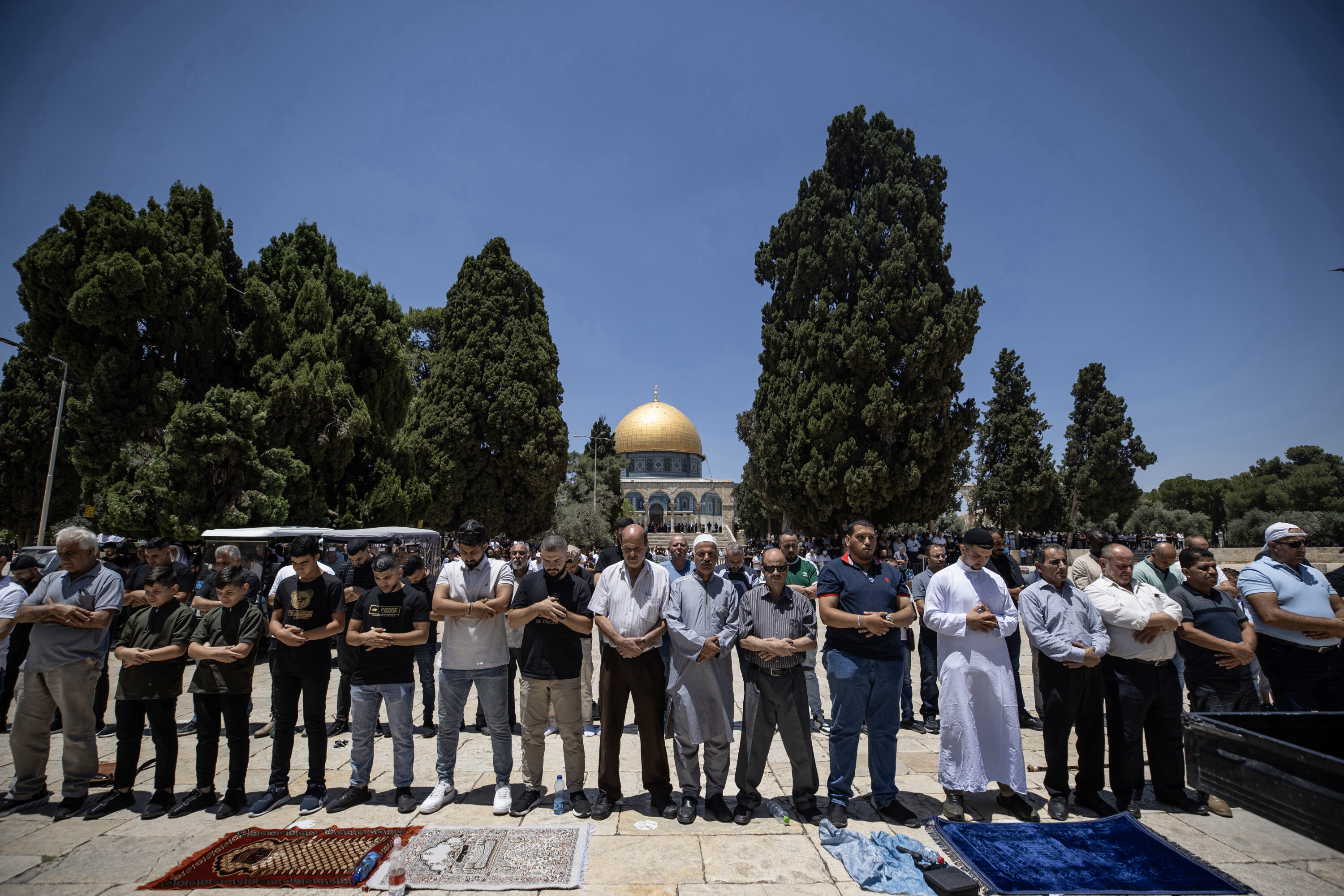 A poster exhibited in support of Jenin before Friday prayer at Aqsa Mosque