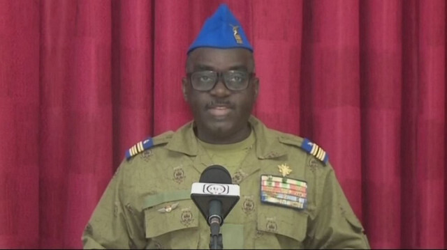 Le porte-parole du CNSP (Conseil national pour la sauvegarde de la patrie), le colonel-major Amadou Abdramane. Crédit photo: TELE SAHEL/AFP