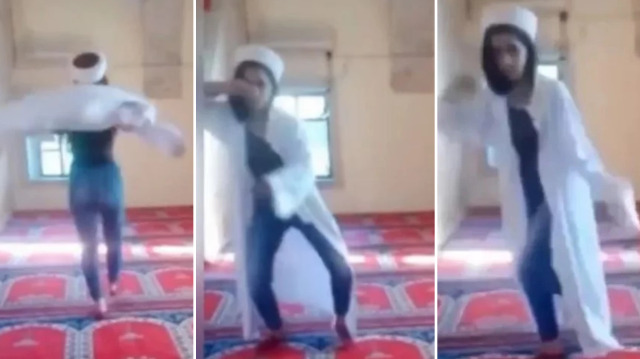 Malatya'da camiye giren bir kız imam cübbesi giyip dans etti.