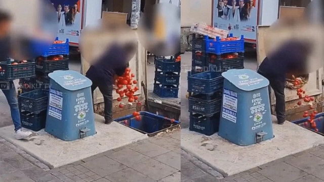 Bir market zincirinin şubesi önünde kaydedilen görüntülerde, kasalar dolusu domatesin çöpe atıldığı görüldü.
