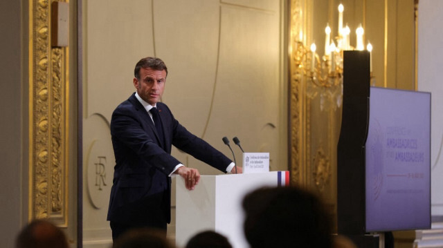 Le président de la République française, Emmanuel Macron pendant la conférence annuelle des ambassadeurs et ambassadrices, le lundi 28 août à Paris. Crédit photo: TERESA SUAREZ / POOL / AFP
