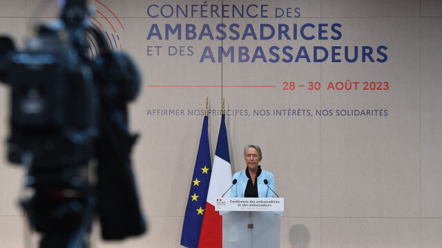 Elisabeth Borne, première ministre française à la "conférence des ambassadrices et ambassadeurs", le 30 août 2023, à Paris. Crédit Photo: MEHDI FEDOUACH / AFP

