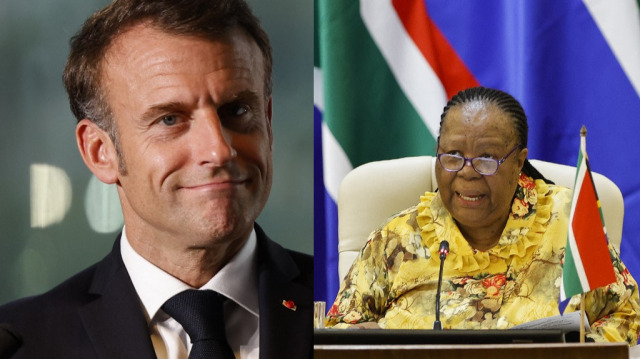 Le président de la République française, Emmanuel Marcon et la ministre des Relations internationales et de la Coopération d'Afrique du Sud, Naledi Pandor. Crédit photos: LUDOVIC MARIN / AFP / PHILL MAGAKOE / AFP

