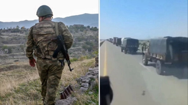 Sosyal medyada yayılan paylaşımlarda, Azerbaycan ordusuna ait askeri kamyon, zırhlı araç ve personel taşıyan diğer taşıtların oluşturduğu uzun konvoylar görüntülendi.