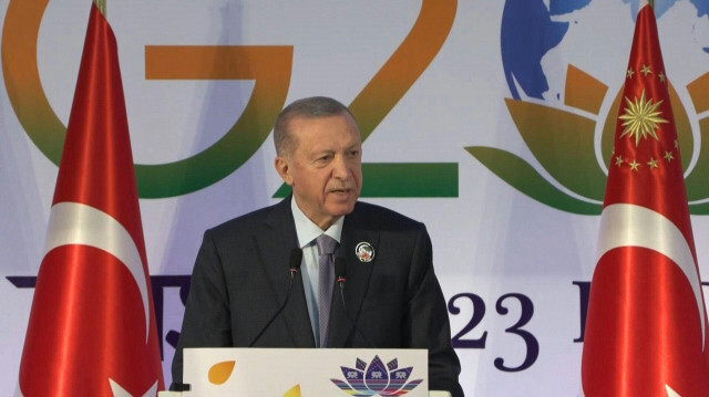 Recep Tayyip Erdoğan, président de la République de Türkiye lors de la conférence de presse au sommet du G20. Crédit Photo: Jalees ANDRABI / AFPTV / AFP

