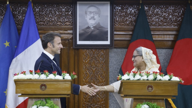Le président de la République française, Emmanuel Macron et la première ministre du Bangladesh, Sheikh Hasina. Crédit photo: LUDOVIC MARIN / AFP
