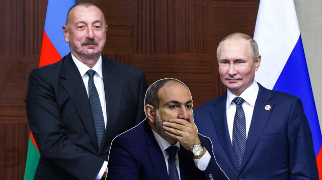 Azerbaycan Cumhurbaşkanı İlham Aliyev (solda) Ermenistan Başbakanı Nikol Paşinyan (ortada)  Rusya Devlet Başkanı Vladimir Putin (sağda) Arşiv