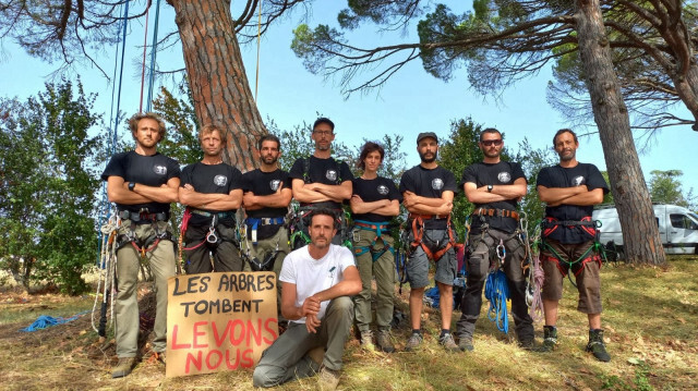 Les militants du Groupe National de Surveillance des Arbres tentent d'empêcher l'abattage des arbres. Crédit photo : GNSA