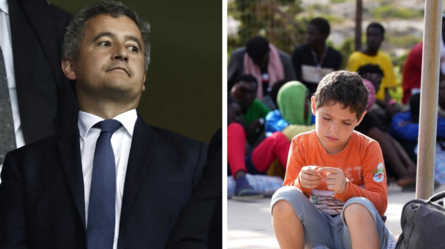 Le ministre de l’Intérieur de France, Gérald Darmanin et un enfant migrant assis à l'extérieur du Centre opérationnel appelé "Hotspot" sur l'île italienne de Lampedusa, le 16 septembre 2023. Crédit photo: SAMEER AL-DOUMY / AFP / ZAKARIA ABDELKAFI / AFP
