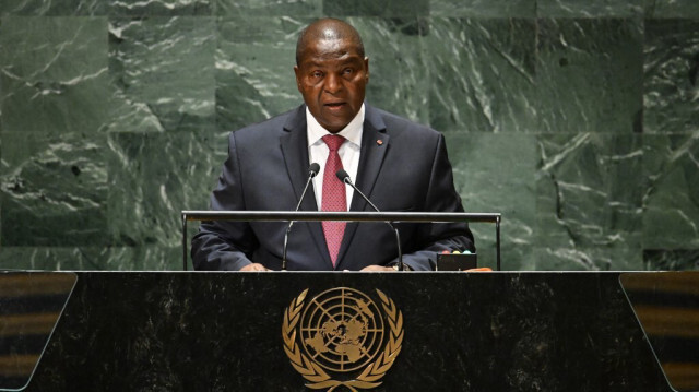 Le président de la République centrafricaine, Faustin-Archange Touadera, s'adresse à la 78e Assemblée générale des Nations Unies au siège de l'ONU à New York. Crédit photo: TIMOTHY A. CLARY / AFP