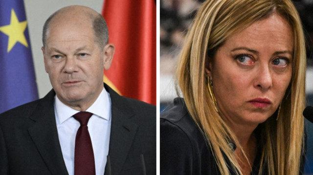 Le chancelier fédéral d'Allemagne, Olaf Scholz et la première ministre d'Italie, Giorgia Meloni. Crédit photo: HANDOUT / ANSA / AFP / TOBIAS SCHWARZ / AFP
