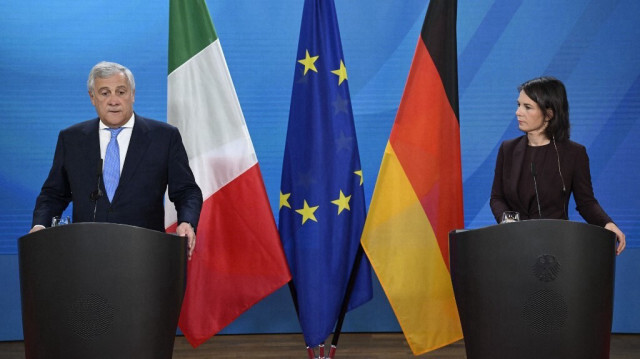 Le Ministre italien des Affaires étrangères, Antonio Tajani et son homologue allemande, Annalena Baerbock lors de la conférence de presse, le 28 septembre 2023, à Berlin. Crédit photo: TOBIAS SCHWARZ / POOL / AFP
