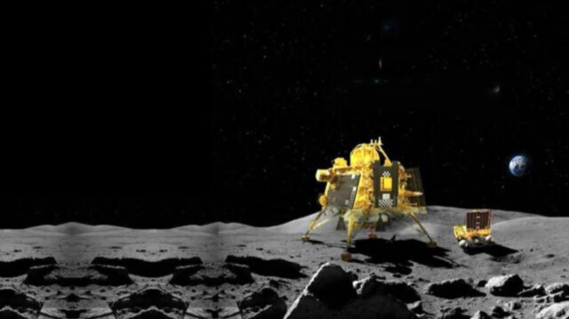 Chandrayaan-3 iniş aracının Ay'a iniş yaptığı sırada çekilen fotoğrafı.