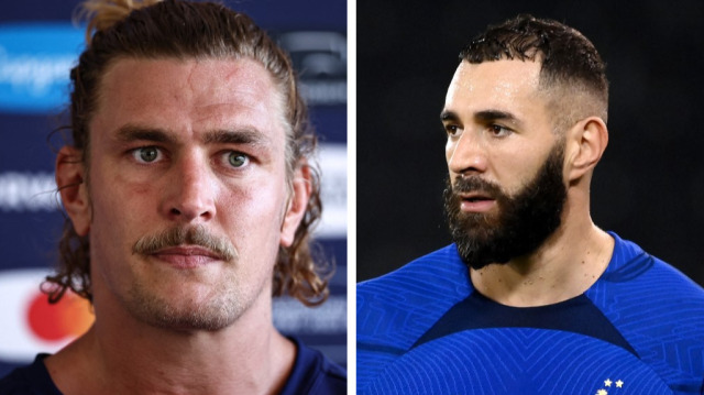 Le rugbyman français Bastien Chalureau et le footballeur français Karim Benzema. Crédit photo: ANNE-CHRISTINE POUJOULAT - FRANCK FIFE / AFP.