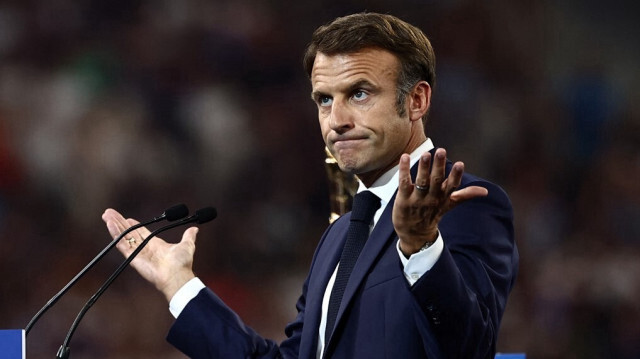 Le Président français Emmanuel Macron, sifflé lors de son discours d'ouverture du Mondial de Rugby au Stade de France, le 08 septembre 2023. Crédit Photo: Anne-Christine POUJOULAT / AFP.