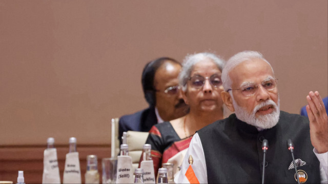 Le Premier ministre indien Narendra Modi s'exprimant lors de la première session du sommet des dirigeants du G20. Crédit photo: Ludovic MARIN / POOL / AFP