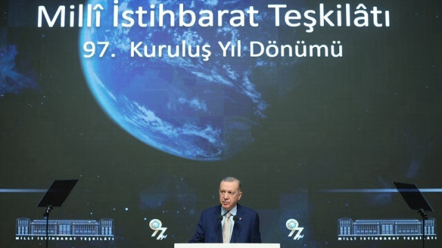 Le Président de la République de Türkiye, Recep Tayyip Erdogan, lors d'une cérémonie organisée au siège du MIT, à l'occasion du 97ème anniversaire de la création de l'organisation, à Ankara en Turkiye, le 10 janvier 2024.