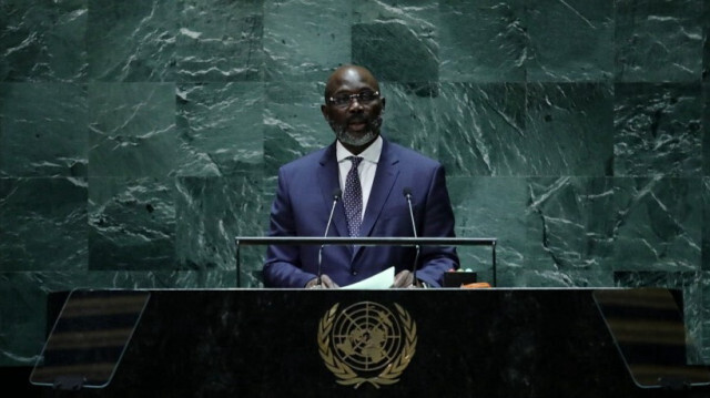 Le président libérien George Weah s'adresse à la 78e Assemblée générale des Nations unies au siège de l'ONU à New York, le 20 septembre 2023. 