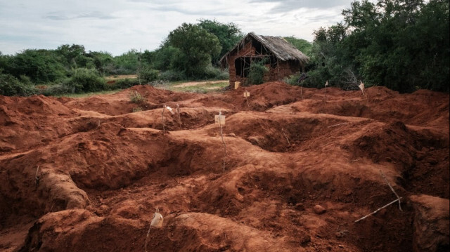 Trous creusés pour l'exhumation de corps sur le site de la fosse commune à Shakahola, à l'extérieur de la ville côtière de Malindi, le 25 avril 2023.