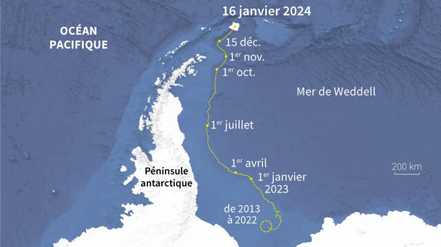 Carte de la trajectoire de l'iceberg A23a, dérivant au large de l'Antarctique, de 2013 à 2024.