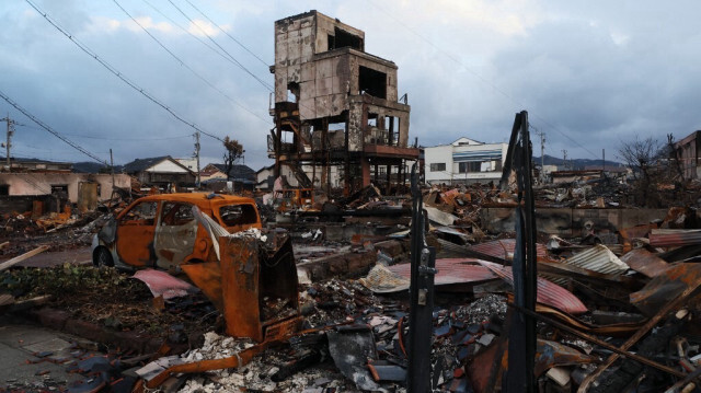 Une zone touristique populaire qui a été détruite par un incendie dans la ville de Wajima, dans la préfecture d'Ishikawa, deux semaines après qu'un tremblement de terre majeur de magnitude 7,5 a frappé la région de Noto dans la préfecture d'Ishikawa le jour de l'An.