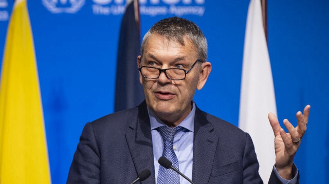 Le commissaire général de l'UNRWA, Philippe Lazzarini, s'adresse à l'assemblée le jour de l'ouverture du Forum mondial sur les réfugiés, à Genève, le 13 décembre 2023.
