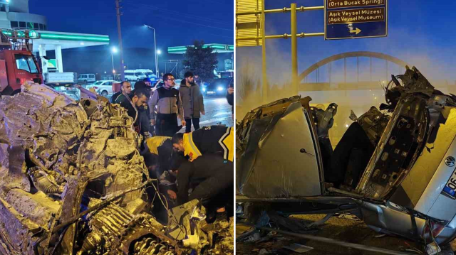 Sivas'ta bir otomobil kaza sonucu iki bölündükten sonra yandı.