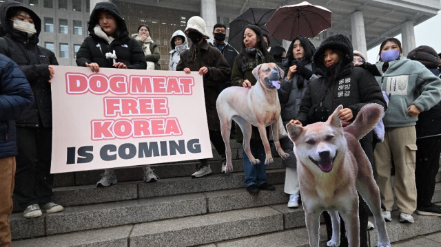 Les militants des droits des animaux tiennent des pancartes lors d'un rassemblement accueillant un projet de loi interdisant le commerce de la viande de chien à l'Assemblée nationale à Séoul le 9 janvier 2024.