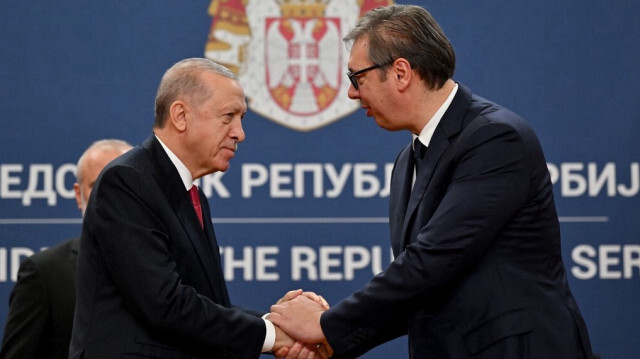 Le président de la République de Türkiye, Recep Tayyip Erdogan et son homologue serbe, Aleksandar Vucic après une conférence de presse commune à Belgrade, le 11 octobre 2024.