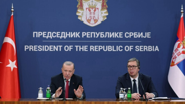 Turkish President Recep Tayyip Erdogan (L) and Serbian President Aleksandar Vucic (R) hold a joint press conference following their bilateral meeting in Belgrade, Serbia on October 11, 2024.