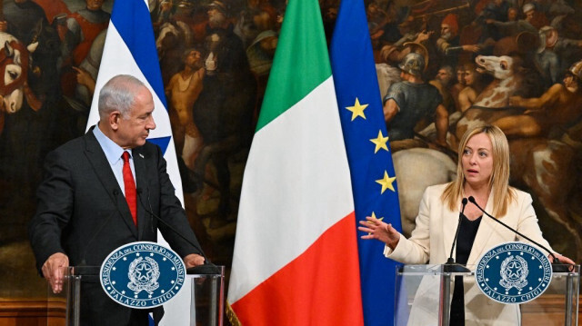 Le Premier ministre israélien Benjamin Netanyahu et son homologue italienne, Giorgia Meloni lors d'une conférence de presse commune à l'issue de leur rencontre au Palazzo Chigi, à Rome, le 10 mars 2023.