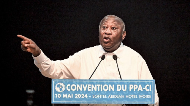 L'ancien président ivoirien Laurent Gbagbo s'adresse à la convention de son parti, le Parti du peuple africain de Côte d'Ivoire (PPA-CI), après avoir été désigné candidat à la présidentielle de 2025, à l'hôtel Sofitel d'Abidjan, le 10 mai 2024. 