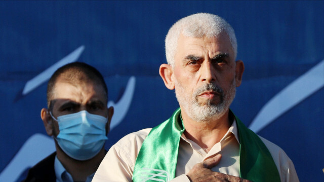 Le chef du Hamas Yahya Sinwar, lors d'une cérémonie commémorative pour les commandants du Hamas tués par des récentes attaques israéliennes à Gaza, le 24 mai 2021.