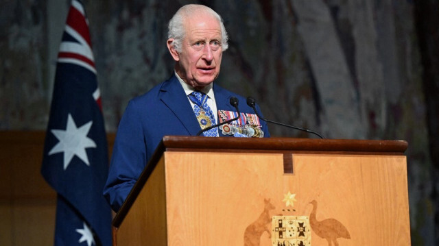 Le roi du Royaume-Uni Charles III  prononce un discours lors d'une réception au Parlement à Canberra, le 21 octobre 2024. 